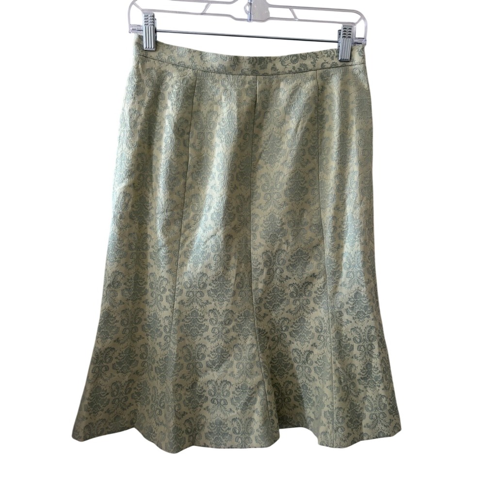 IDEA Sage Green Damask Jacquard Midi A-Line Skirt Women Size 4 Brocade Floral